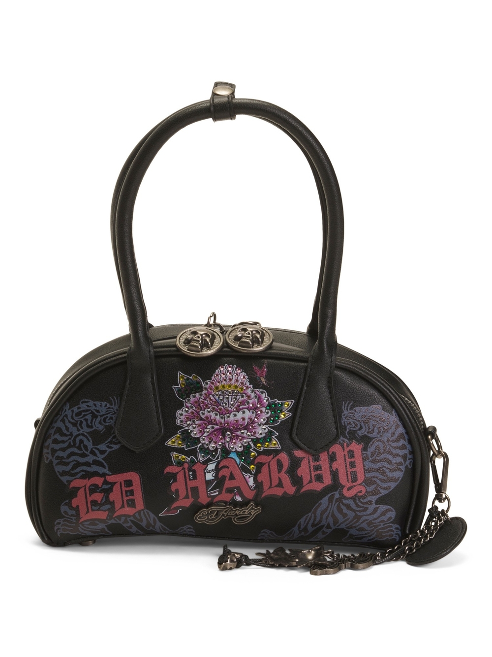 Ed Hardy Black Floral Logo Dome Satchel with Pink Accent